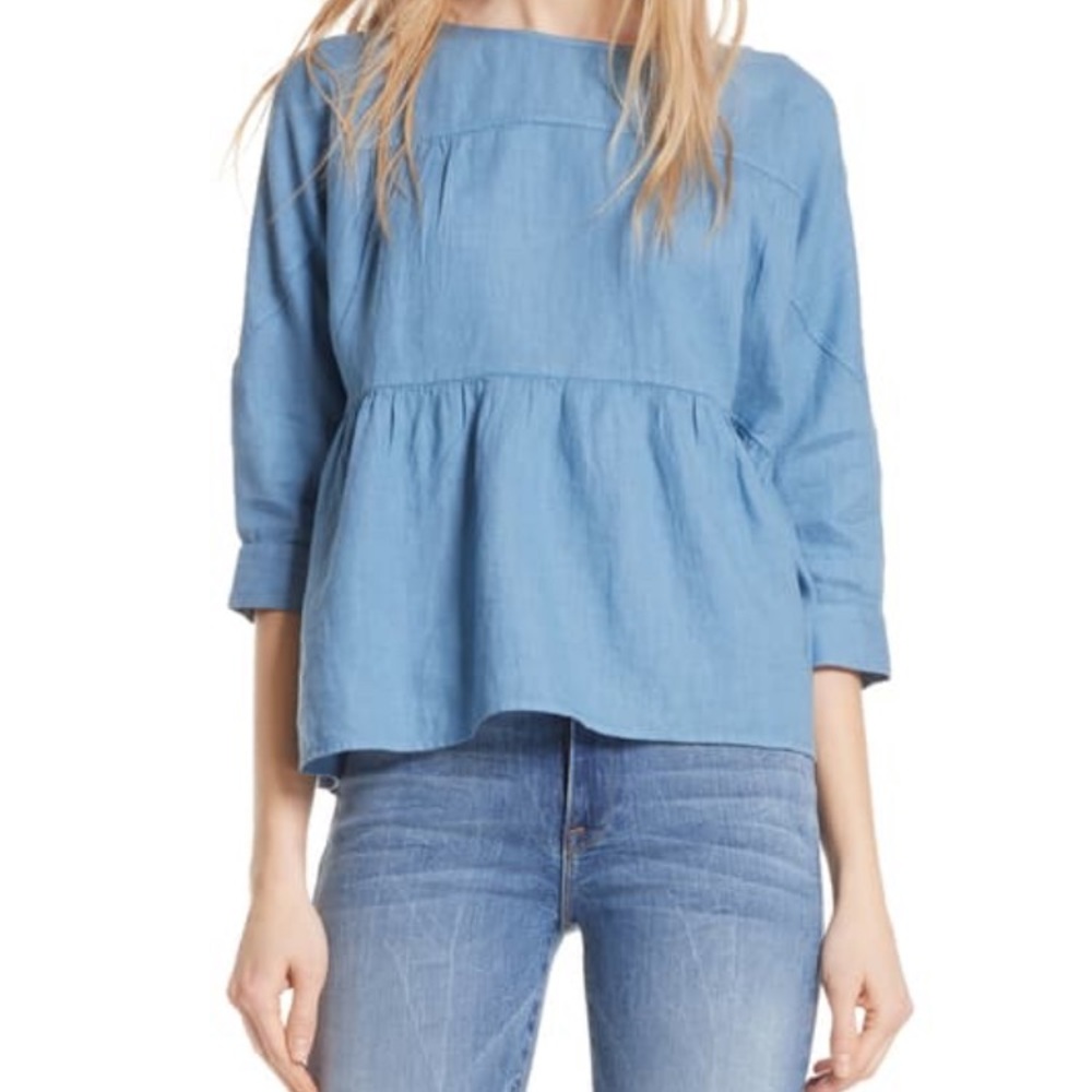 FRAME Denim Boxy Linen Popover BLUE Size Small